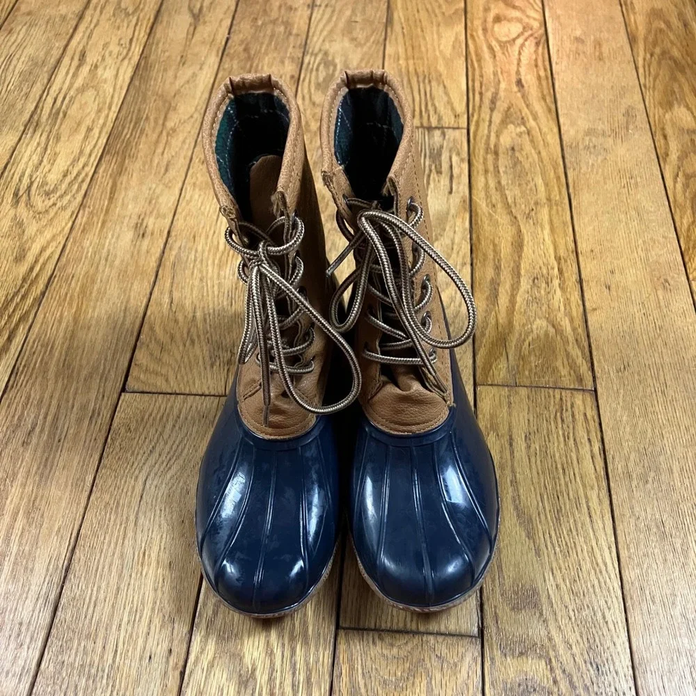 Navy Blue‎ and Tan Lace Up Duck Boots Waterproof Rain Boots Womens Size 6